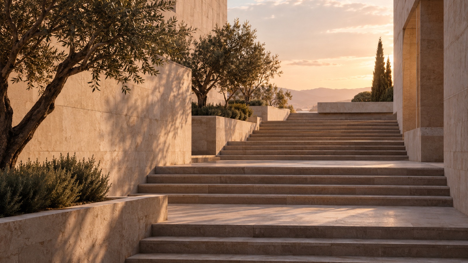 A broad stone stair rising through a quiet architectural courtyard