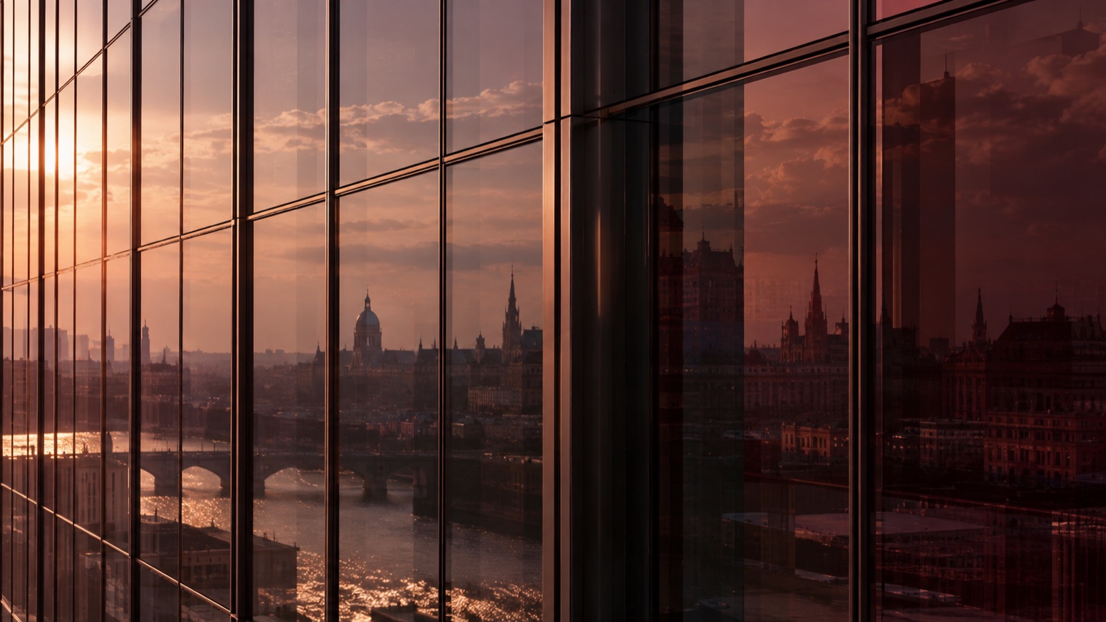 Geometric glass panels with layered reflections of a city and sky