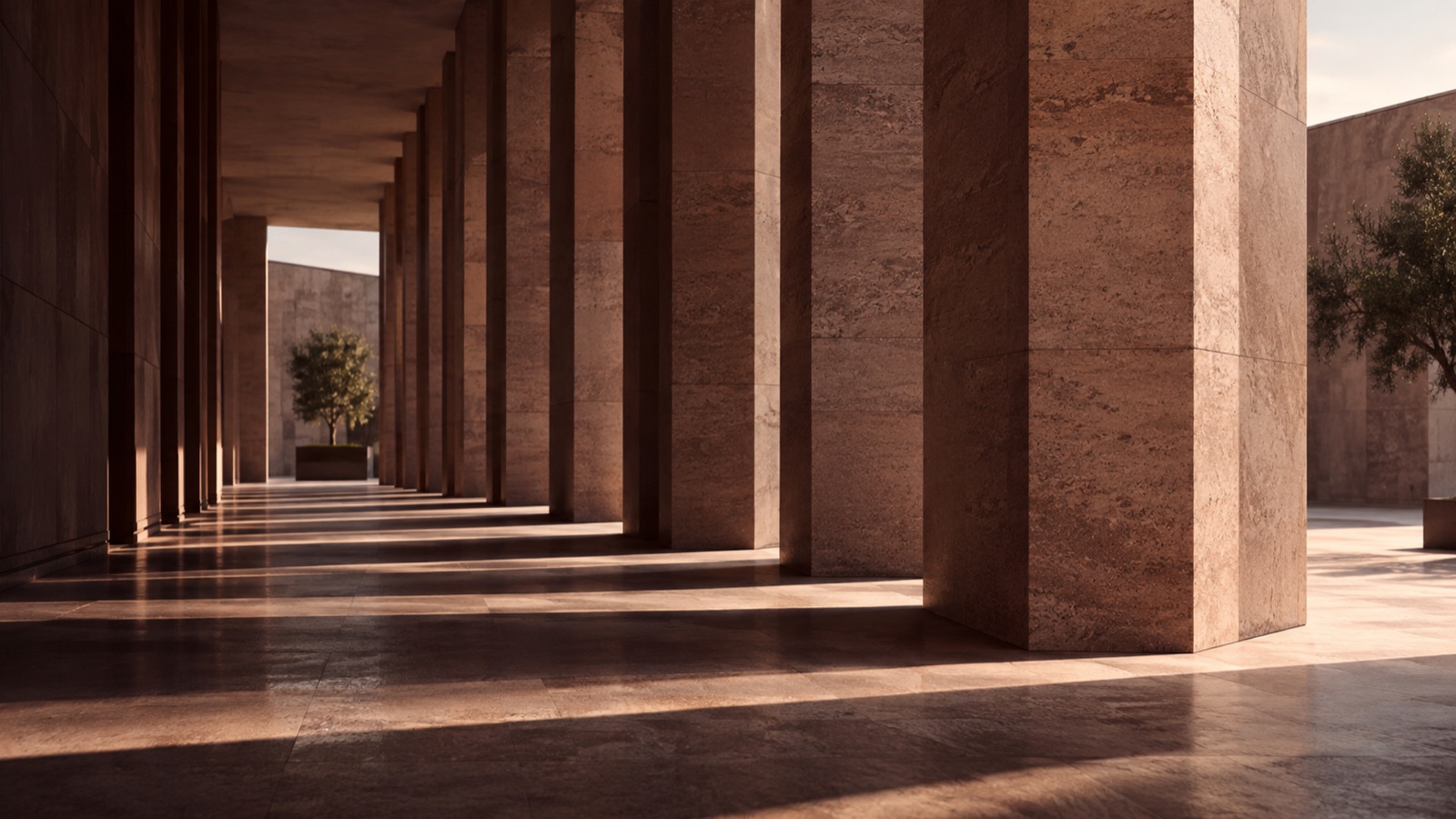 Stone columns and long shadows in an architectural study