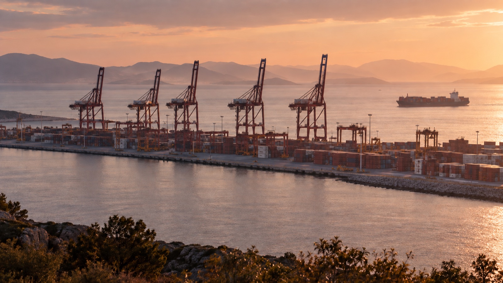 Dockside cranes and rows of freight containers beside a calm sea
